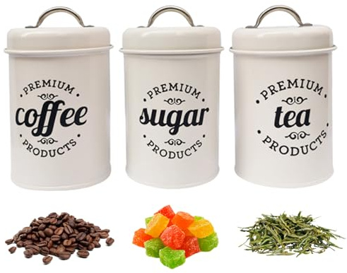 Muzrunq Ensemble de boîtes à thé, sucre et café rondes blanches avec couvercles anti-fuites, 3 pièces vintage pour conserver les aliments
