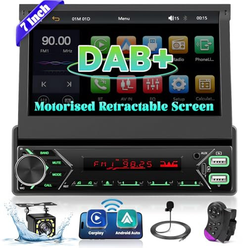 Ohradio DAB/DAB+ Autoradio 1 DIN con Schermo Motorizzato a Scomparsa, 7 Pollici Touchscreen Stereo Auto con Wireless Carplay&Android Auto, Radio FM, SWC 2USB & Type-C, Retrocamera+MIC