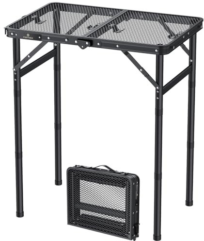 FUNYKICH Tavolo da Campeggio Pieghevole 58x40 cm,Tavolo da Barbecue Portatile per Esterni con 3 Altezze Regolabili (26/48/70 cm) e Maniglia di Trasporto, Piano in Rete,per Campeggio, Giardino,Nero