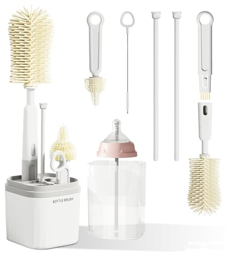 Home-X Baby Bottle Brush Set, 6 in 1 Complete Bottle Cleaning Brush Kit Travel & Home with Long Handle Silicone Baby Bottle Brush, Pacifier Brush, Cup Lid Straw Cleaner Brush, and Drainage Rack
