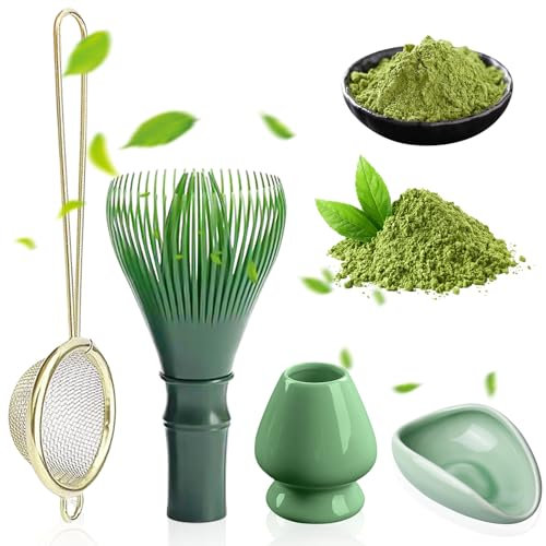 Lot de 4 accessoires pour matcha, fouet à matcha, whisky avec passoire à thé, brosse à matcha résistante à la chaleur, 80 zincs, y compris le matcha, le filtre à matcha, le porte-balai à matcha