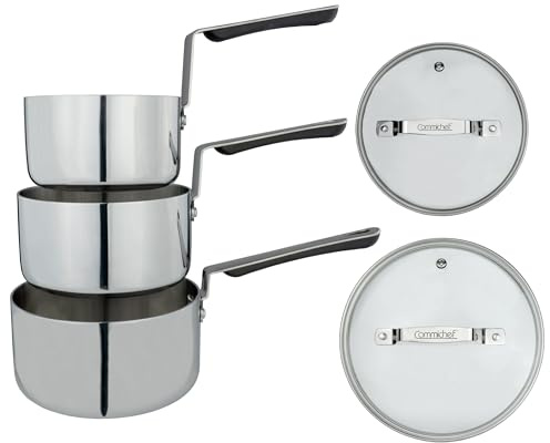 Commichef Juego de Utensilios de Cocina de 3 Piezas de Acero Inoxidable de Triple Capa, que Incluye una Cacerola para Leche de 14 cm y Cacerolas de 16 cm y 18 cm con Tapa; Diseño Apilable