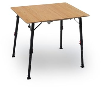 qeedo Quick Kimmy Campingtisch - klappbarer Bambus Tisch höhenverstellbar 43 bis 70 cm - Faltbarer Campingtisch mit Tragegriff & Packtasche - Stabiler Outdoor Tisch für Camping, Garten und Picknick