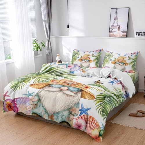 Dwarf Summer Beach Palm Duvet Cover Sets 4 Piece Queen Ultra Soft Bed Quilt Cover Set for Kids/Teens/Women/Men, Nautical Shell Starfish Bedding Collection All Season Use