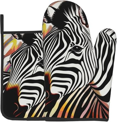 Oven Mitts and Pot Holders Sets 2pcs - Colorful Animal Zebra Print Waterproof Heat Resistant Kitchen Oven Gloves Potholder for Cooking Baking Grilling
