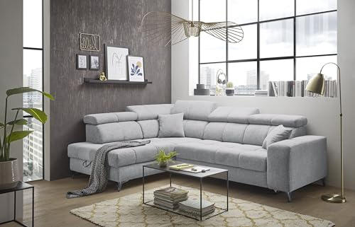 Stella Trading Ecksofa Sydney in Lichtgrau – Modernes Design mit gesteppter Oberfläche, elektrischer Sitztiefenverstellung, verstellbaren Kopfstützen, Stauraum & USB