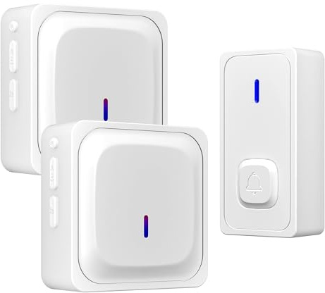 Wireless Door Bell Cordless for Home with 2 Receivers,Plug in Doorbell Chime for Garage,Waterpoof Wall Mounted Doorbells Button for Apartment, Bedroom,Classroom, Kids Room(White)