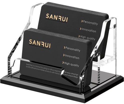 SANRUI Schwarzer Visitenkartenhalter - 2 Fächer Visitenkartenständer für Schreibtisch & Empfang - 8mm Massiv-Sockel, Handpolierte Kanten - Acryl Visitenkarten-Aufsteller
