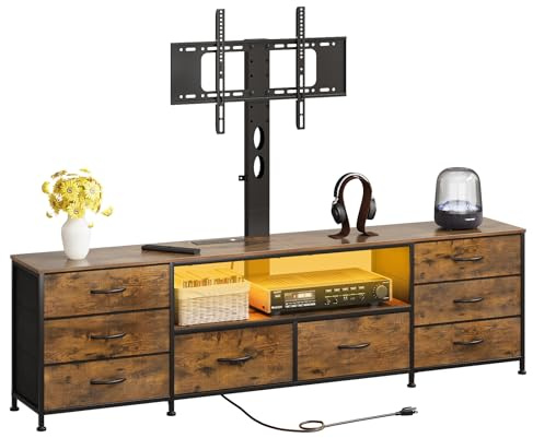 VEDECASA Mueble bajo para TV de 180 cm con soporte de TV, iluminación LED y regleta, armario de TV con 8 cajones de tela y compartimento abierto para dispositivos, mesa de televisión industrial para