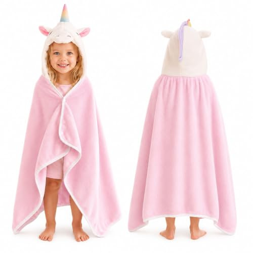 Ranedo Girls Unicorn Hooded Towel for Kids Age 3–8 Years, Pink Kids Towel Poncho 130 x 70 cm, Soft Absorbent Poncho Towel with Adjustable 2-Button Closure, Kids Beach Towel for Swimming and Pool