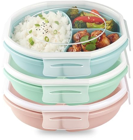 OFXCEN 3 Stück MikrowellenTeller Geschirr 21cm, Menüteller Mikrowelle PP Portionsteller mit Deckel Kunststoff Bento Schüssel Mikrowellengeschirr mit 3 Fach Aufteilung für Erhitzen Einfrieren