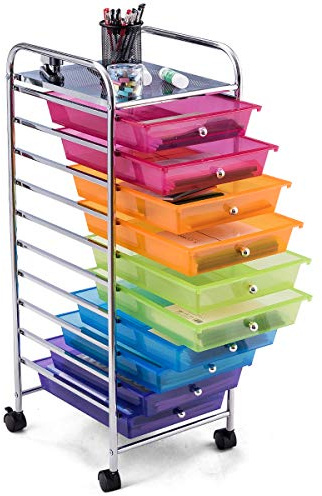 DREAMADE Rollwagen Schublade, Rollschrank Rollcontainer mit Schublade 10 Fächern, Haushaltswagen auf Roll, Badtrolley, Farbewahl, Metall, PP (Farbig)