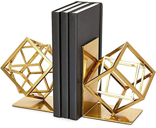 Juvale Gold Decorative Bookends with Square Metal Geometric Design, 2-Piece Set, Slip-Resistant Pads, Modern Home Decor and Office Table or Desk Decor, 5x5.5x3.1 Inch