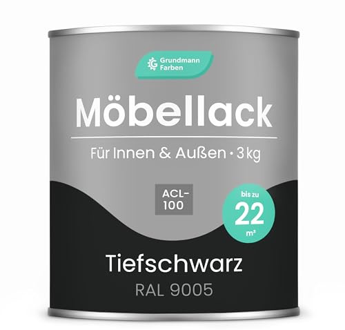 Grundmann Möbellack ACL 100 - Schwarz 3 Kg - Lösemittelfrei & Geruchsarm - 4in1 Möbelfarbe inkl. Grundierung - Innen und Außen - Für Holz, Metall & Kunststoff - RAL 9005 Tiefschwarz