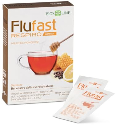BIOS LINE Flufast Respiro Arancia, 9 Bustine Monodose di Integratore Alimentare Ideale per il Benessere delle Vie Respiratorie