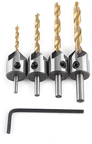 Senkbohrer Kohlenstoffstahl Zimmerei Bohrer mit Versenker für Holz Holzbohrer mit Senker für Bohren Fasen Entgraten(4-piece set + small wrench (3-6mm))