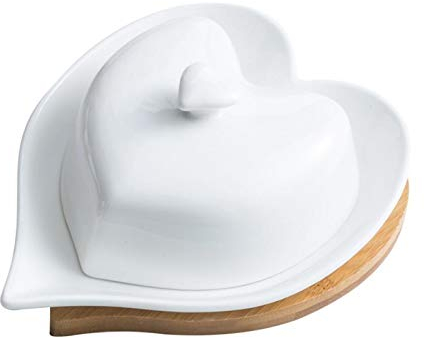 Beurriers Grand plat de beurre, plat de beurre de beurre de céramique en forme de coeur de beurre de céramique en forme de bambou à base de bois de cuisine pure outils de stockage de fromage Beurriers