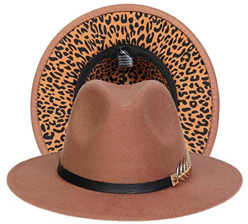 JK Home Fedora Filzhut für Jazz, Hochzeit, zweifarbig, breiter Rand mit PU-Leder, Schnalle innen, verstellbare Kordel, braun, One size