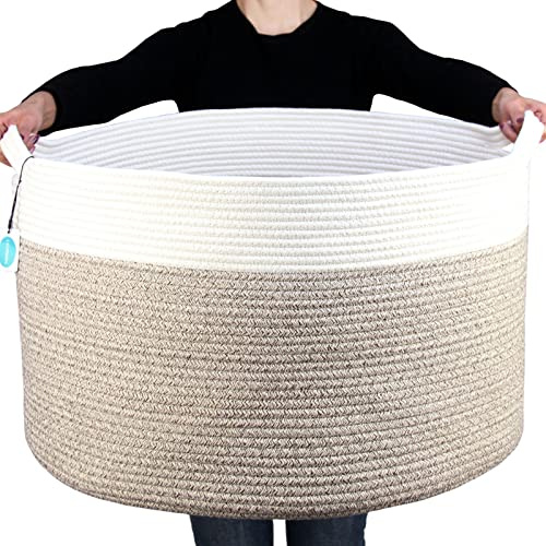 Cesta portaoggetti Casaphoria in corda di cotone, misura XXXL, per soggiorno, con manico, per coperte, asciugamani e cuscini, cesto per la biancheria, bianco crema e marrone (55,9 cm x 55,9 cm x 35,6
