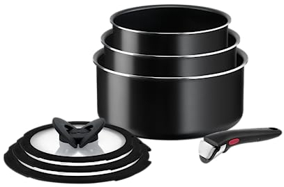 Tefal Ingenio Easy ON Try-Me Pfannenset, 7-teilig, stapelbar, abnehmbarer Griff, platzsparend, antihaftbeschichtet, schwarz, L1599602