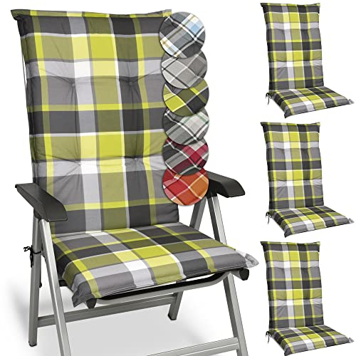 Beautissu 4er Set Hochlehner Auflagen Set Gartenstühle 120x50 cm Polster Grün Kariert – 6cm Dicke Polsterauflage Bequem, rutschfest & UV-Lichtecht 5 – Stuhlkissen Sitzauflage – Sunny GR