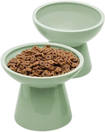 CEEFU 2 Erhöhte Keramik-Katzennäpfe, extra breit für Futter und Wasser – Flache Futterschale, die die Schnurrhaare schont, frei von Blei und Cadmium, erhöhte Höhe für Katzen, salbeigrün | Flacher Futternapf und tiefer Wassernapf, blei- und cadmiumfrei, erhöhte Höhe für Katzen, Salbeigrün