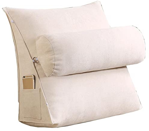 WHOCF Lesekissen mit Seitentaschen, Dreieckige Kissen Abnehmbar Nackenpolster, zum Entspannend Sitzung Spielen Lektüre Fernsehen Bettsitzkissen (Color : Beige, Size : 60x55x20cm)