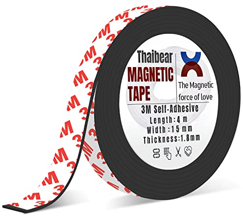 Magnetic Tape, Magnetic Strips with 3M self Adhesive Backing (15mm Wide x 4m Long), Magnet Tape Strip Roll Perfect for DIY, Art Projects, whiteboards & Fridge Organization