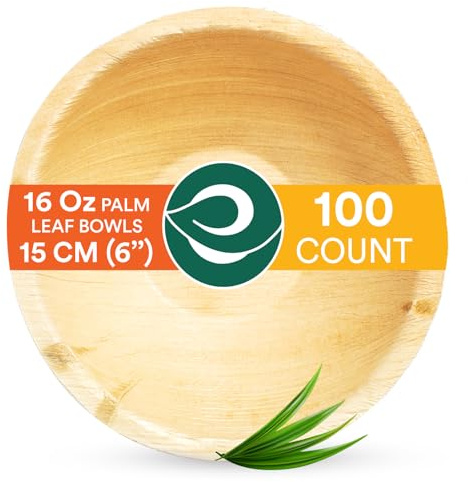 ECO SOUL 100% kompostierbare große 15cm, 470ml-Palmblattschalen [100 Stück] Einweg Bambusstil chalen I Strapazierfähige, umweltfreundliche, robuste Schüssel I Biologisch abbaubare Öko-Schalen