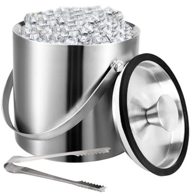 Double Walled Stainless Steel Insulated Ice Bucket with Removable lid andIce Tong,1.6 L Double Wall ice Bucket, for Home Bar, Restaurant, BBQ, Parties, Clubs