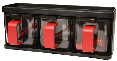 3 Piece Plastic Gourmet Seasoning Box With Tray Set Condiment Jar set With Lid & Spoon Clear Spice Pots Spice Jars Dispenser Tea Coffee Sugar Salt Herb Storage Canister Cruet (Black)