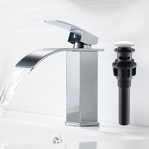AIMOYO Bathroom Sink Taps Chrome, Waterfall Basin Mixer Tap with Pop Up Waste, Modern Single Lever Brass Bathroom Taps Mixer Hot and Cold Water Sink Faucet with UK Standard Hoses