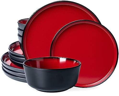 LEHAHA Melamin-Geschirr-Set, 12-Teilig, Moderne Küchenteller und Schüsseln, Luxuriöses Zweifarbiges Rot-Schwarzes Keramik-Optik-Set für 4, Weihnachtsgeschirr