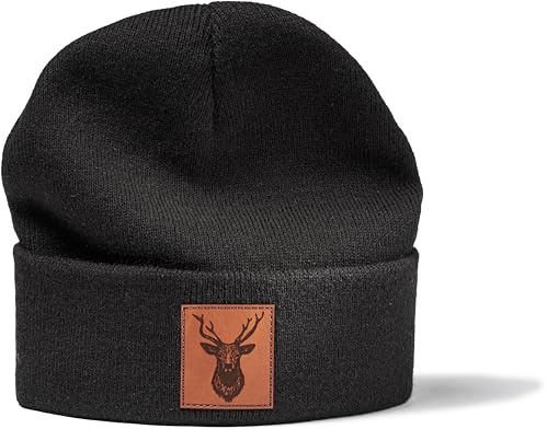 minifan Outdoor Strickmütze: Hirsch Leder Emblem - Mütze für Jäger Jagd Jäger-Mütze Wintermütze Beanie Mütze Damen & Herren Förster Outdoor Mütze Männer Geschenk