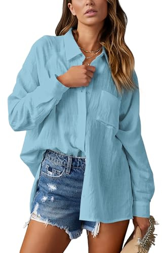 NONSAR Blusa elegante para mujer con cuello en V, manga larga, camisa informal, camisas casuales, túnica, elegante, con bolsillo, azul claro, L