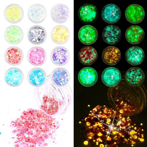 Giantree 12 Farben Fluoreszierendes Glitzer, Fluoreszierendes Glitzer Kit Makeup Glitzer Gesicht Glitzer Body Glitzer Sequin Nagel Glitzer Pailletten für Nägel Gesicht Haare Party DIY Kunsthandwerk