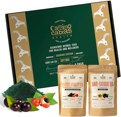 Caja Regalo Te e Infusiones Gourmet | Energía y Anti Fatiga | Contra Cansancio Mujer & Hombre | Té Verde, Negro, Maca, Matcha, Espirulina, Guaraná, Baya de Goji, Chile, Açai, Vainilla, Pack 2 x 100g