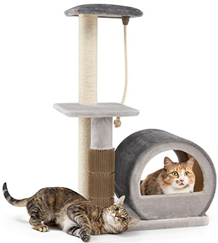 GOPLUS 93cm Kratzbaum, Kratzbaumturm mit Sisal-Kratzsäule & Pflegebürste & Katzenhaus, 3 Ebenen Katzenbaum, kleine Katzenmöbel, Aktivitätsbaum für Kätzchen und Erwachsene Katzen (grau)