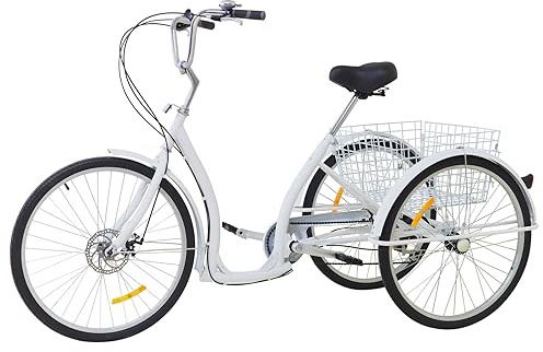 Ecoggeder 26 Zoll Erwachsene Dreirad 6-Gang 3 Räder mit Einkaufskorb Dreirädriges Fahrrad Erwachsenendreirad Geeignet für Personen mit Einer Höhe von 1.65-1.85m (Weiß)