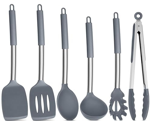 Onader Grey Kitchen Utensils Set, 6 Pieces Silicone Cooking Utensils | Heat Proof Kitchen Cooking Tools for Non-Stick Cookware, Stainless Steel Handle & Dishwasher Safe & Easy to Clean