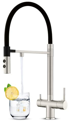 KEOKBON 3 Wege Wasserhahn mit Herunterziehen Brause, 360° Drehbar Hochdruck Küchenarmatur aus Messing, 3 in 1 Spültischarmatur Trinkwasserhahn mit 2 Hebel, Drei Wege Armatur Küche, Nickel Gebürstet