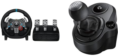 Logitech G G29 Volante y Pedales de Carrera, Force Feedback, para PS5, PS4, PC y MAC y Palanca de Cambio para Volante, 6 Velocidades, Marcha Atrás a Presion, Acero y Cuero auténtico