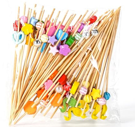 VYIBPDY 100 Stück Cocktailspieße, Cocktail Deko, Holzspieße, Spieß Zahnstocher Aus Holz, Bambus Cocktailspieße Zahnstocher mit Niedlicher Deko für Party Geschenk Fasching Geburtstag Party