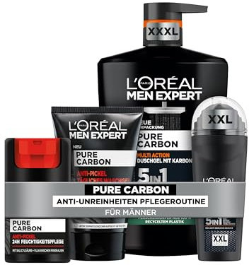 L'Oréal Men Expert 5in1 Anti-Pickel Pflegeset für Männer, Mit XXXL Duschgel, XXL Deoroller, Waschgel und Gesichtscreme, Set für Herren mit Karbon, Pure Carbon, 4-teilig