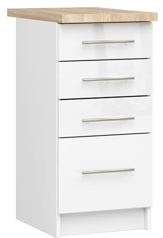 AKORD | Küchenschrank mit Arbeitsplatte - Oliwia S40 | Küchenunterschrank mit 4 Schubladen | Unterschrank Küche 40 cm Breit | ABS-Kante 18 mm | 46 x 40 x 85 cm | Weiß & Weiß glänzend