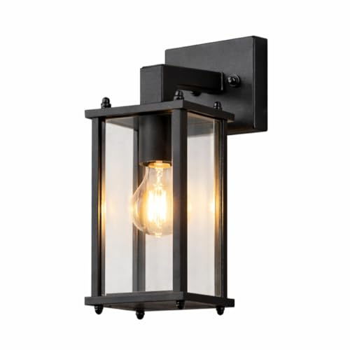 CGC Lighting Lampada da parete per esterni con alimentazione di rete in vetro smussato, lanterna da carrozza per portico e giardino, lampada decorativa impermeabile (nero verso il basso)