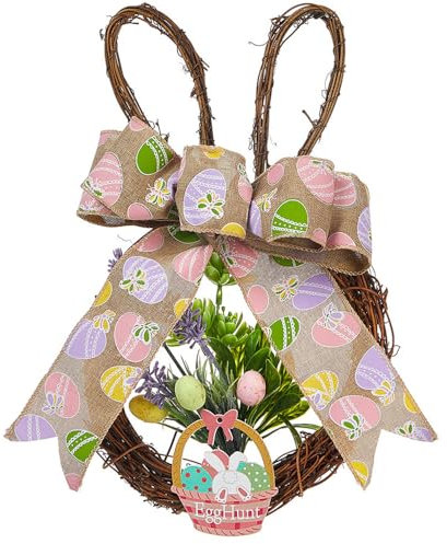 champracer Kranz Aus Weide Mit Holz-Hase Und BlüMchen, Rattan-Herz Mit Holz-Hase, Balkon Home Hanging Decor Osterkranz für HaustüR Fensterdekorationen (A)