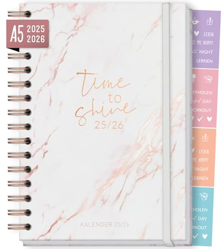 Häfft-Timer Fancy 2025/2026 A5 White Marble Schülerplaner mit Hardcover und Spiralbindung für Oberstufe, Ausbildung, Studium, Laufzeit Aug 2025 - Sep 2026 – nachhaltig & klimafreundlich