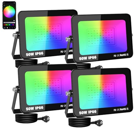 SKYWORLD 4 piezas Proyector RGB 50W,Focos Led RGB con APP Bluetooth y Temporizador,16 Millones de Colores,IP66 Impermeable Foco RGB Exterior para Patio Camino Jardín Almacén Terraza Garaje
