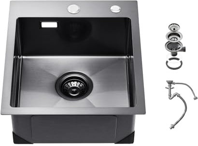 VEVOR Évier de Cuisine 40 cm à Montage par le Haut en Acier Inox 304, Cuve Simple à Poser avec Accessoires pour Camping-car, Bar, Lave-vaisselle Ménager - Noir